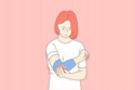 Cartoon woman massaging painful injured elbow in bandage